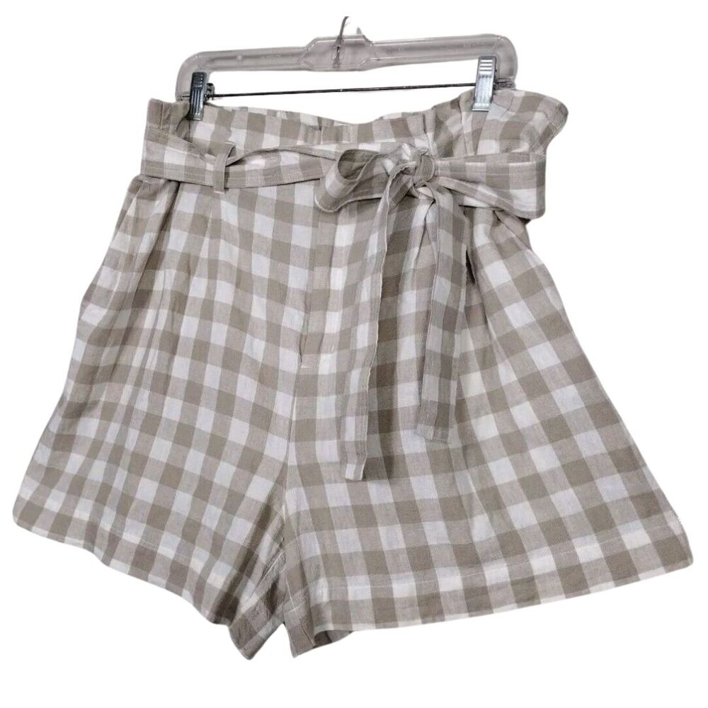 Plaid High Rise Linen Short Summer Vacay Size XL Elastic Waist Zipper Pockets - Picture 3 of 12